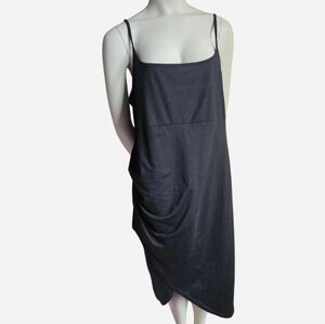 Y2K Black Ruched Slip Dress Asymmetrical Hem Strappy Back XL